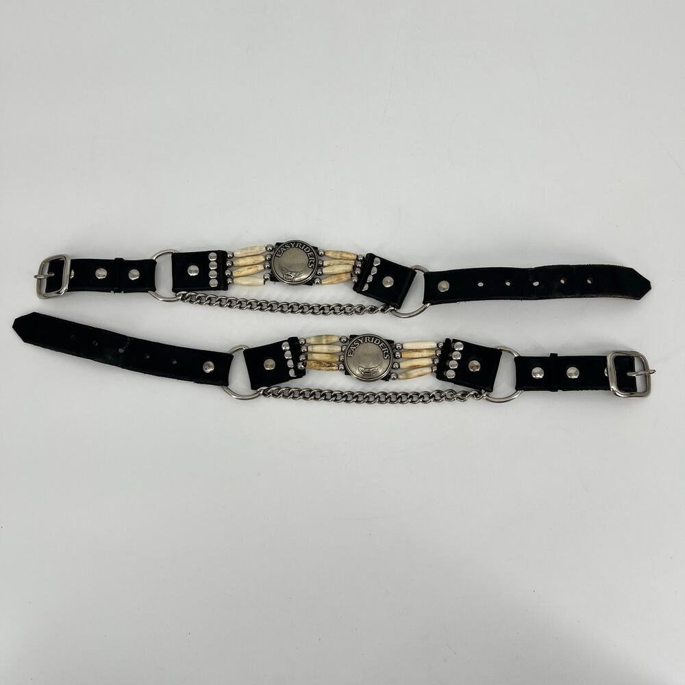 Vtg EasyRiders Boot Strap Harness Black Leather Buckle Chain Beaded Concho Biker